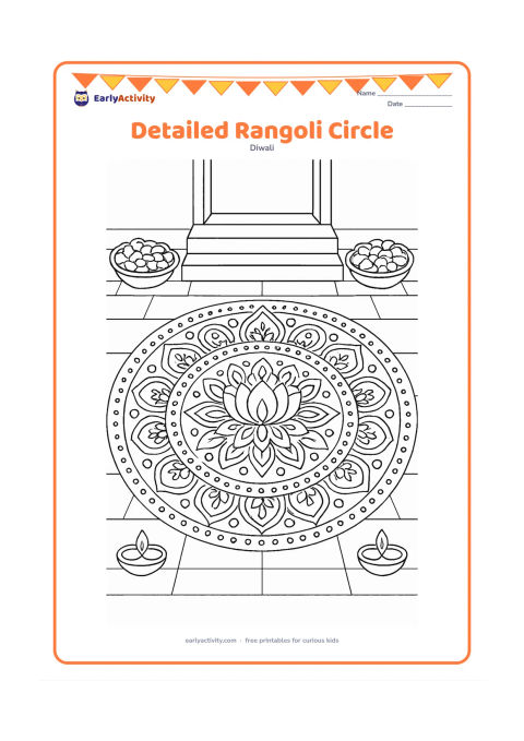Colouring page: A large symmetrical rangoli fills a courtyard, combining concentric borders, paisley shapes, lotus petals, dots, and small diya motifs. Frame it with flower bowls and a low entrance step.