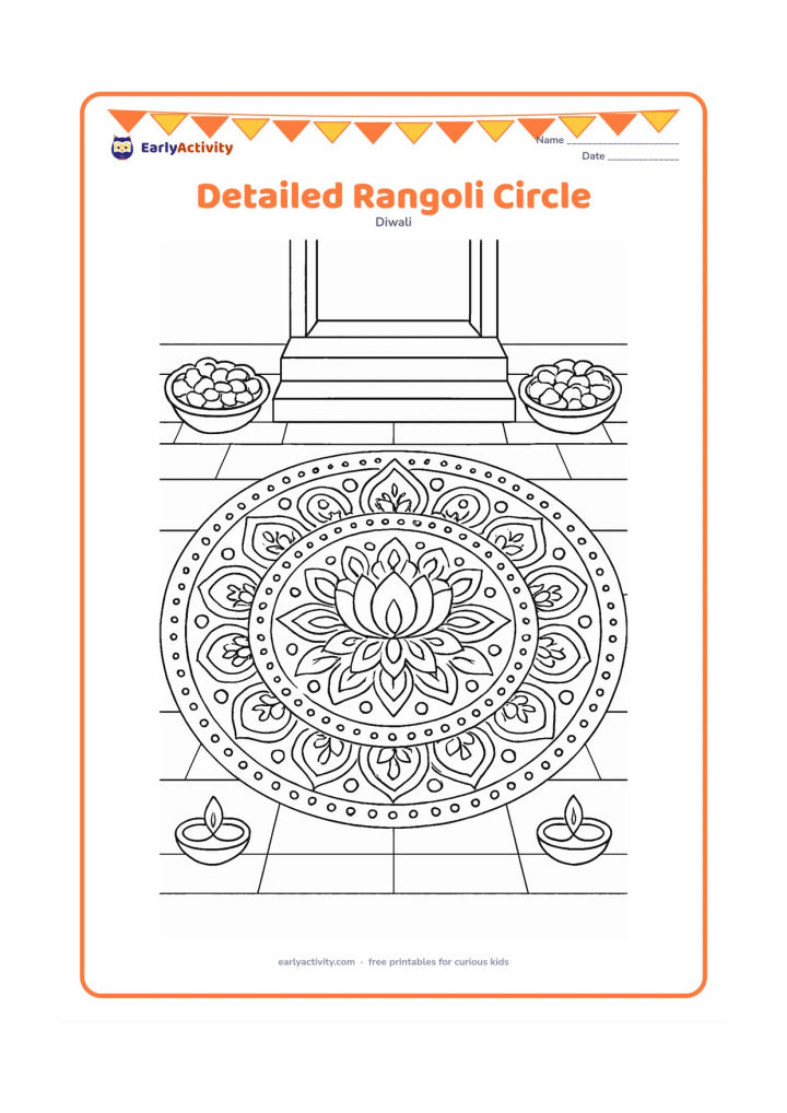 Colouring page: A large symmetrical rangoli fills a courtyard, combining concentric borders, paisley shapes, lotus petals, dots, and small diya motifs. Frame it with flower bowls and a low entrance step.