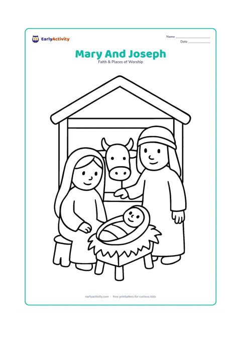Colouring page: Show Mary seated beside the manger while Joseph stands nearby with one hand resting on the stable rail. Include a simple stable roof, one hay bundle and a calm ox in the background.