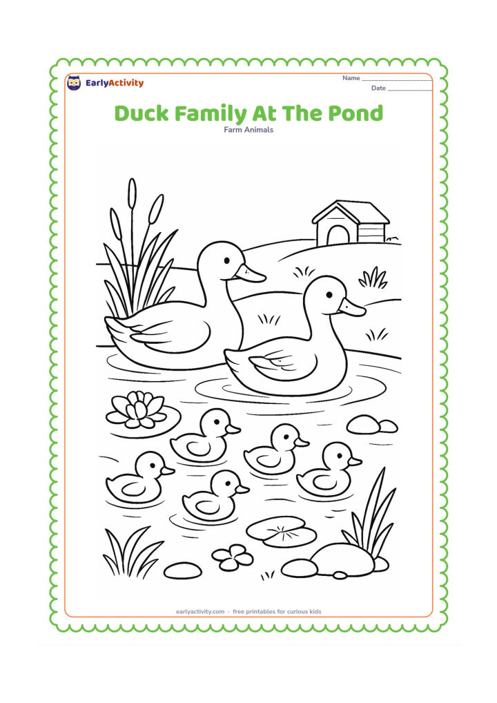 Colouring page: Show two adult ducks and five ducklings moving across a pond and its grassy bank. Include overlapping ripples, reeds, lily pads, water flowers, stones and a distant wooden shelter.