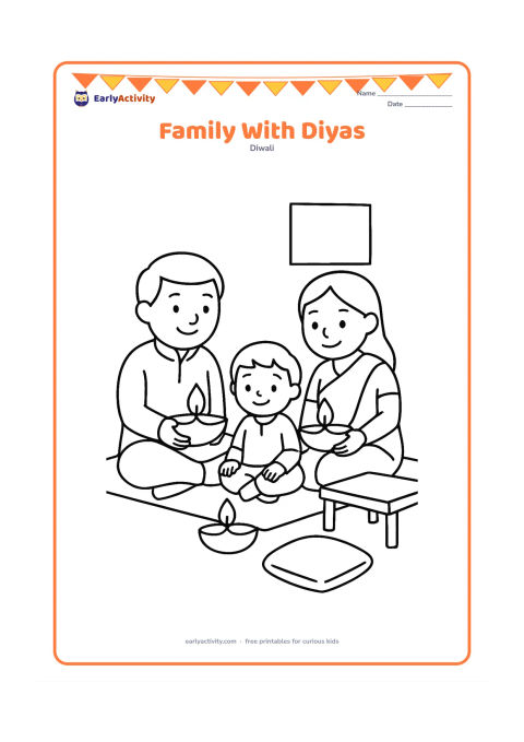 Colouring page: Two adults and one child sit together on a mat, each holding or sitting beside a large diya during a calm family celebration. Show simple festive clothing, a low table and one plain…