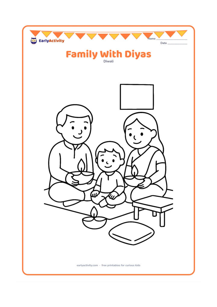 Colouring page: Two adults and one child sit together on a mat, each holding or sitting beside a large diya during a calm family celebration. Show simple festive clothing, a low table and one plain…