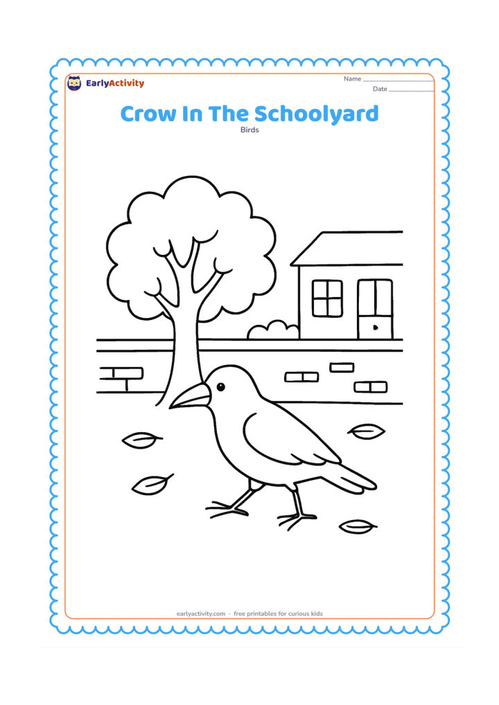 Colouring page: A crow walks across a schoolyard near a leafy tree and a low boundary wall, with a few fallen leaves on the ground.