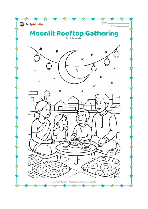 Colouring page: A family gathers on an Indian rooftop in the evening, sharing food and looking at a large crescent moon. Include patterned floor cushions, a low table, string lanterns, neighbouring…