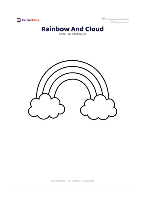 Worksheet: A broad three-arch rainbow rises between two puffy clouds, leaving a large empty panel underneath for the child's own message. The rainbow should have wide bands with no text or symbols.