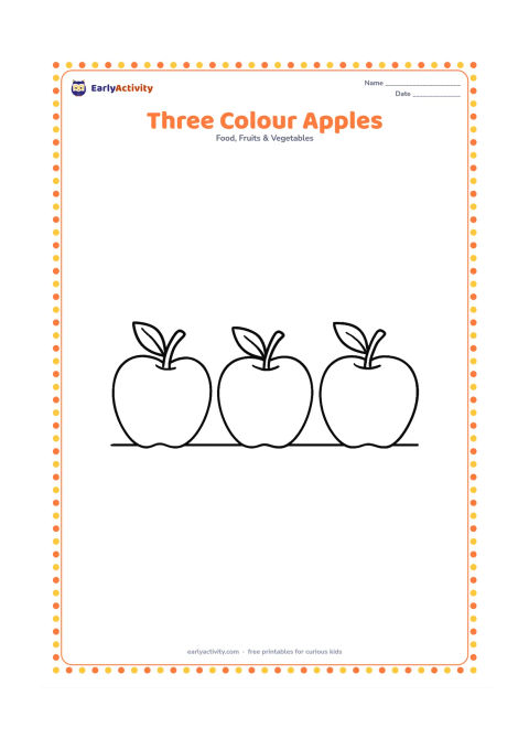 Colouring page: Draw three separate whole apples in a row, each with a stem and leaf, with small differences in shape to suggest red, green and yellow varieties. Add a simple ground line.