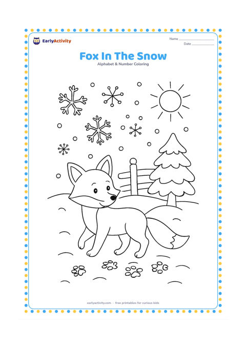 Colouring page: Draw a fox making paw prints across fresh snow beside a small evergreen tree, with falling snowflakes, a snow-covered fence and a winter sun.