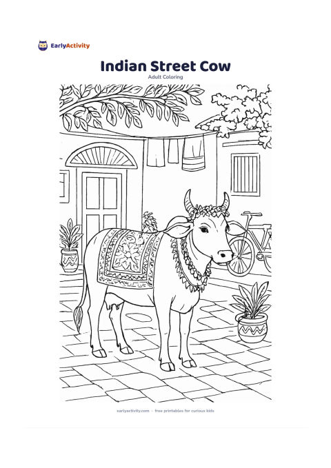 Colouring page: Draw a gentle decorated cow standing beside a quiet Indian lane, with a leafy garland and simple geometric markings on its blanket. Include a low home entrance, potted plants, a bicycle,…