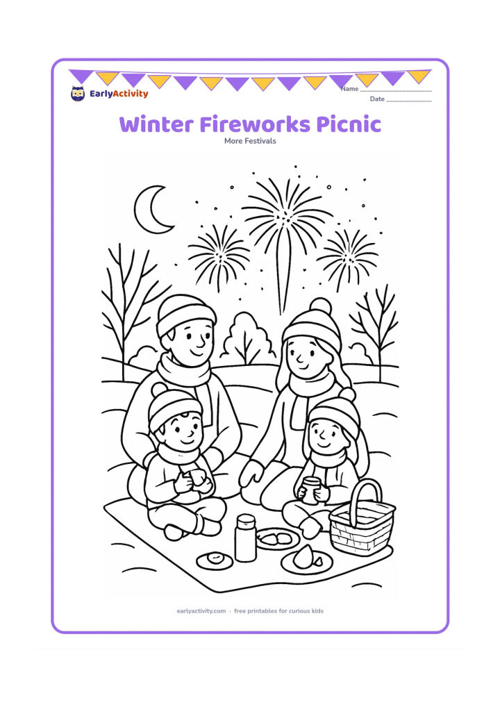 Colouring page: A family enjoys a blanket picnic in a cool winter park while fireworks rise above distant trees. Include warm scarves, a thermos, a basket, bare branches and a crescent moon.