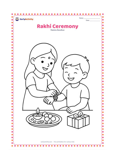 Colouring page: A sister ties a patterned rakhi around her seated brother's wrist while both smile. A decorated thali with sweets, flower petals, a small lamp, and a gift box sits between them on a low…