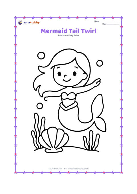 Colouring page: A cheerful mermaid spins in a gentle circle, with her long tail curling around a large shell on the ocean floor. Add three bubbles and four simple sea plants.