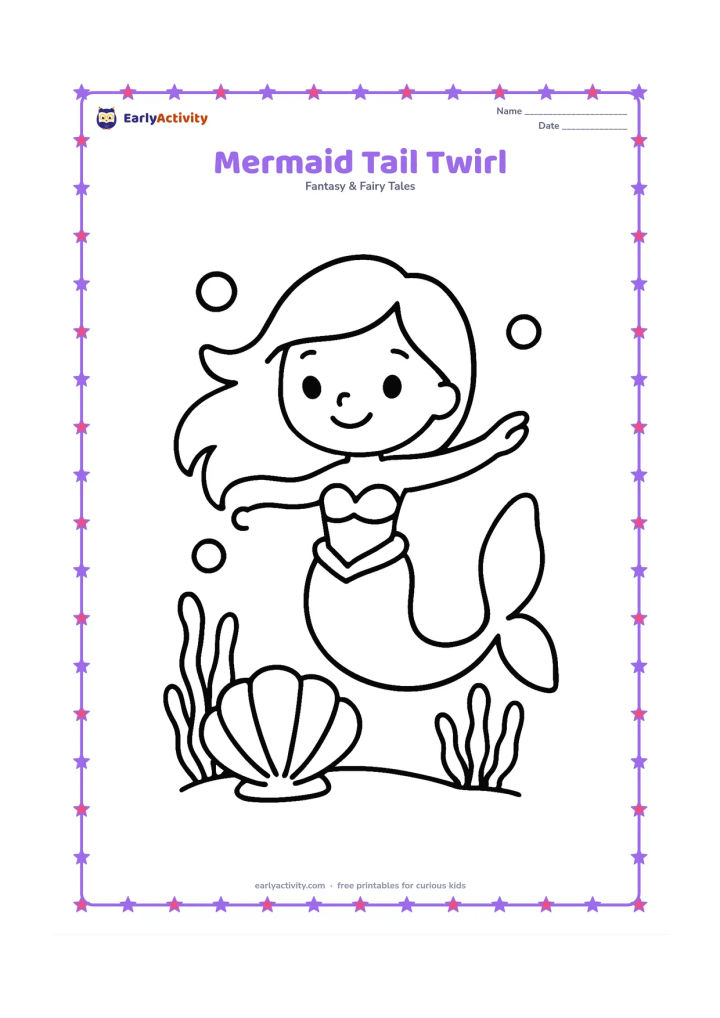 Colouring page: A cheerful mermaid spins in a gentle circle, with her long tail curling around a large shell on the ocean floor. Add three bubbles and four simple sea plants.