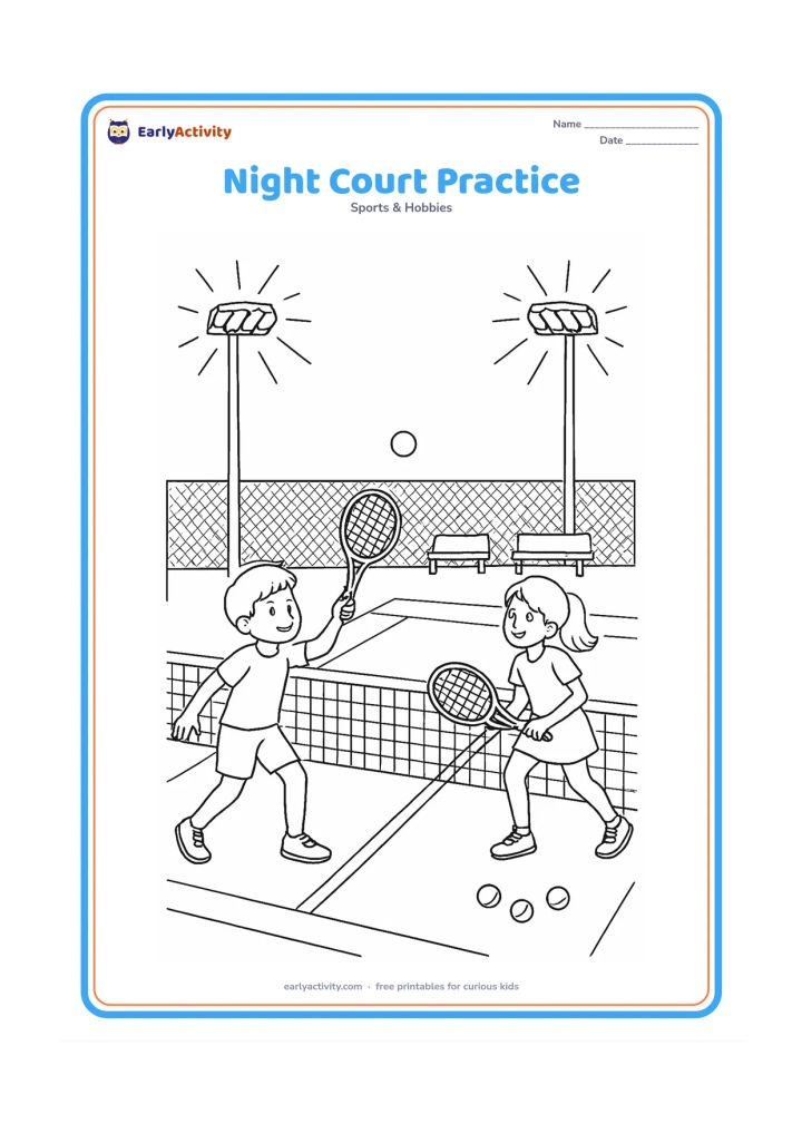 Colouring page: Two players rally under tall floodlights on an evening tennis court, with glowing lamp shapes, long shadows, a net, fence, benches, and balls near the sideline.