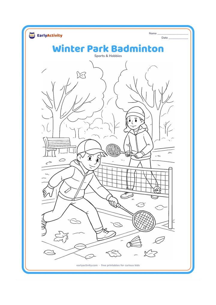 Colouring page: Draw two children playing badminton on a cool winter morning in a park, wearing light jackets and caps, with misty trees, a bench, fallen leaves, a net and court lines. Show one player…