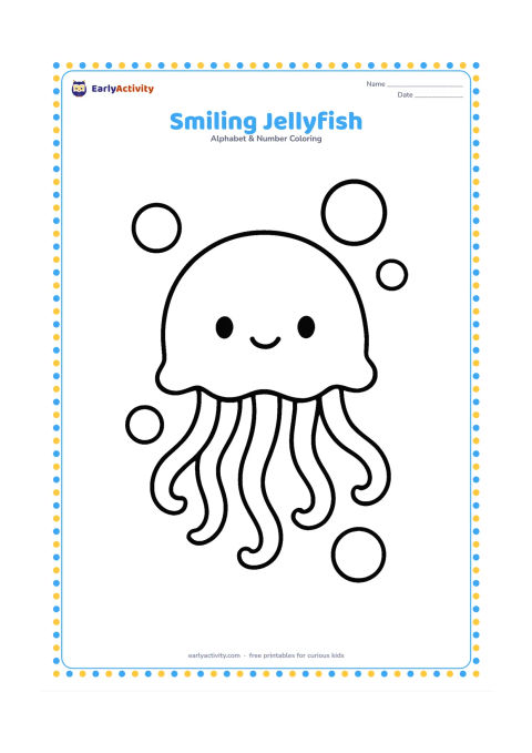 Colouring page: Draw a friendly jellyfish floating in open water, with a rounded body, several short curling tentacles, and a few large bubbles around it. Keep the jellyfish large in the centre.