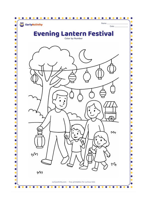Colouring page: Draw a family walking through a park at dusk while carrying simple lanterns. Add a large tree, strings of hanging lantern shapes, a crescent moon, and a small food cart in the background.