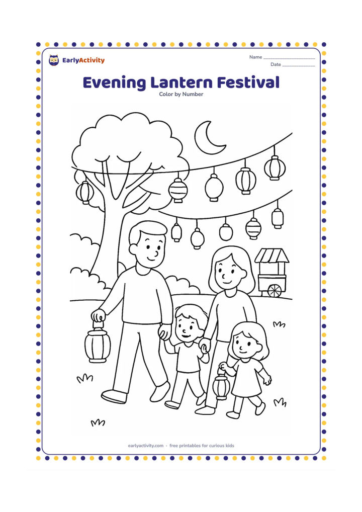 Colouring page: Draw a family walking through a park at dusk while carrying simple lanterns. Add a large tree, strings of hanging lantern shapes, a crescent moon, and a small food cart in the background.