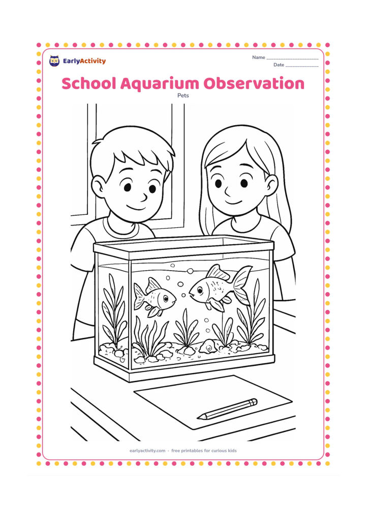 Colouring page: Draw two children observing a classroom aquarium containing goldfish, plants, bubbles, gravel and a small snail. Include a blank sheet and pencil on a nearby desk, but no writing, labels…
