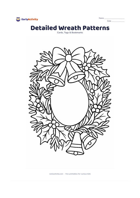 Worksheet: Draw a large ornate Christmas wreath built from pine branches, holly, bells, ribbons, stars and layered leaves, with alternating open sections for colouring. Place a clean empty oval in…