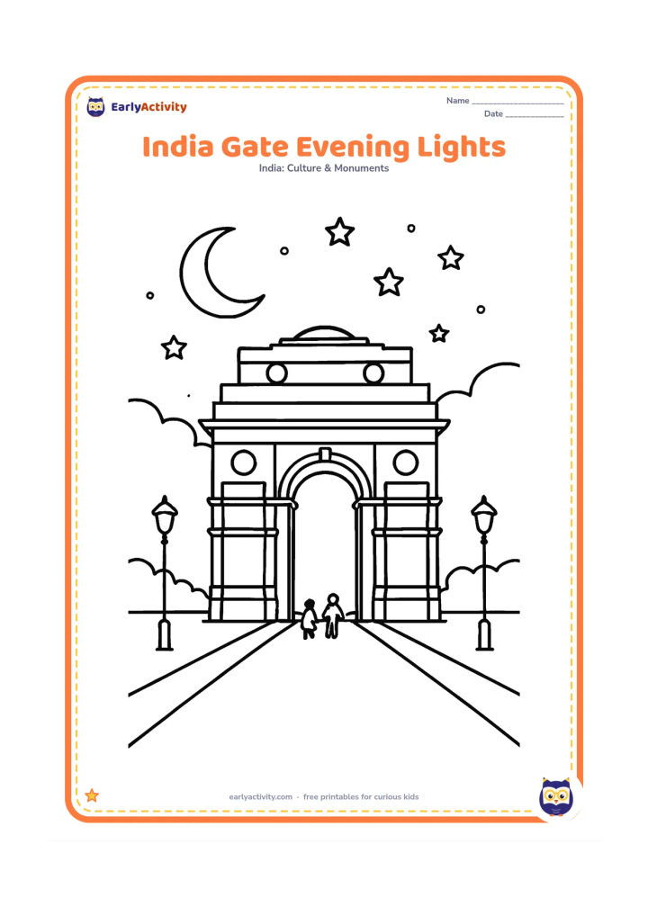 Colouring page: Show India Gate at dusk with a darkening sky, a crescent moon, stars and simple lamp posts along the road. Include a few tiny silhouetted visitors without facial detail.