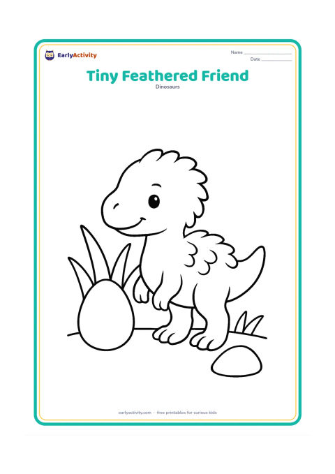 Colouring page: Draw a small baby dinosaur with a soft-looking feathered covering standing beside a single egg. Add a few large grass blades and a rounded stone.