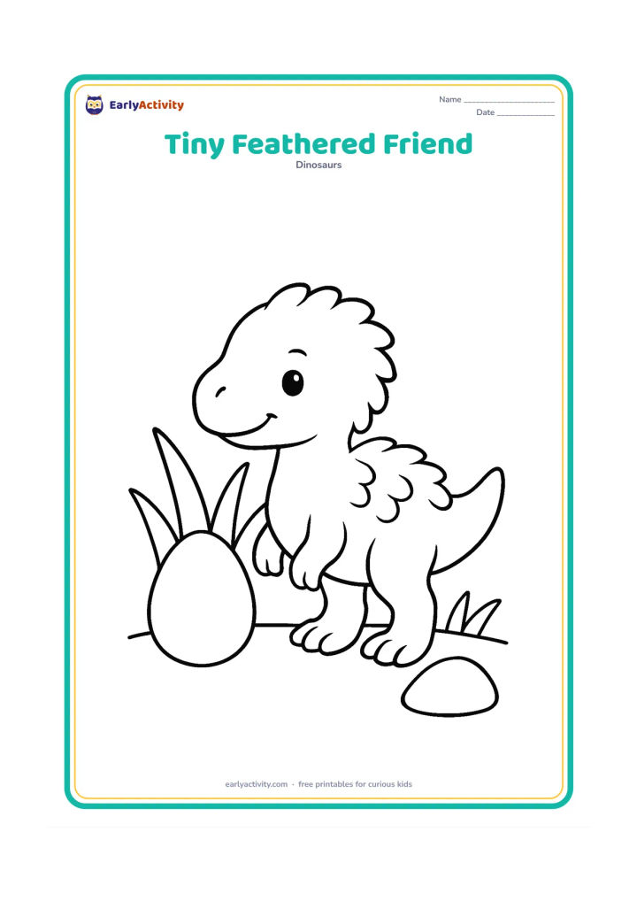Colouring page: Draw a small baby dinosaur with a soft-looking feathered covering standing beside a single egg. Add a few large grass blades and a rounded stone.