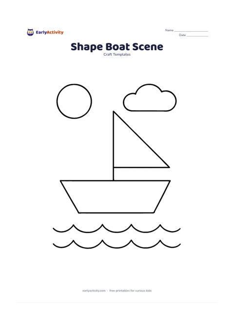 Worksheet: Show separate outlines for a simple boat craft: a large trapezoid hull, triangle sail, rectangle mast, circle sun, oval cloud and wavy semicircle water pieces. Arrange the shapes as a…