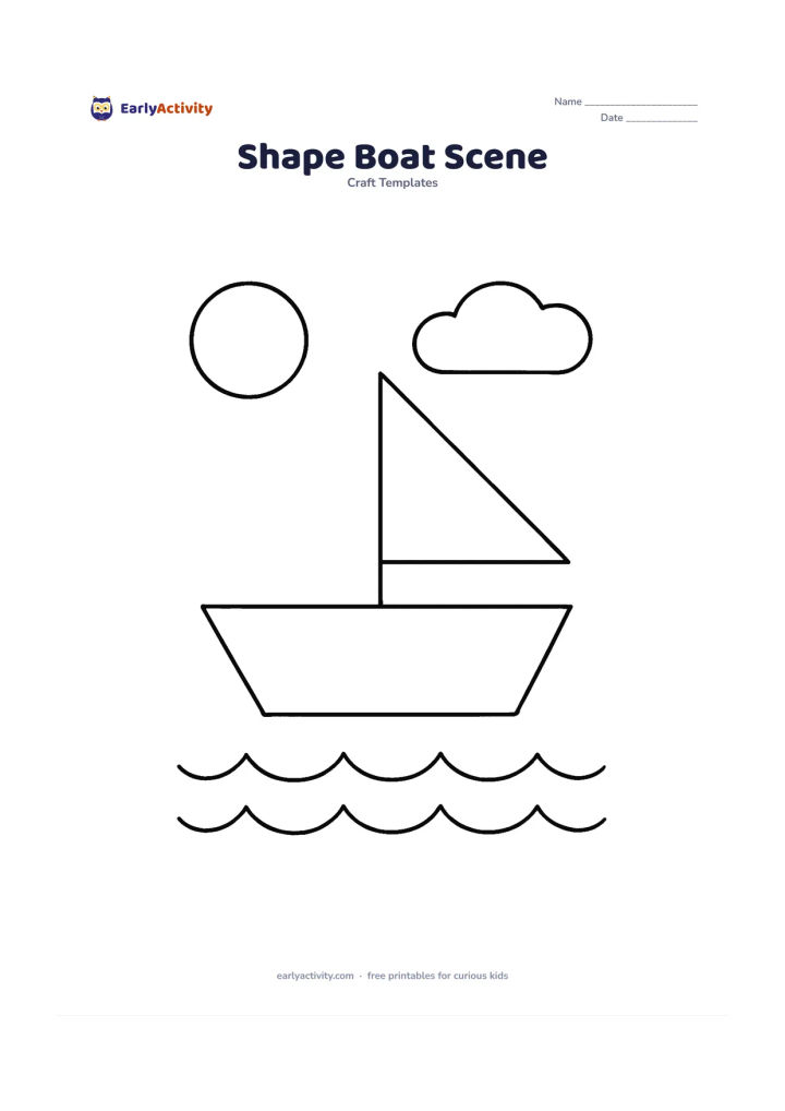 Worksheet: Show separate outlines for a simple boat craft: a large trapezoid hull, triangle sail, rectangle mast, circle sun, oval cloud and wavy semicircle water pieces. Arrange the shapes as a…