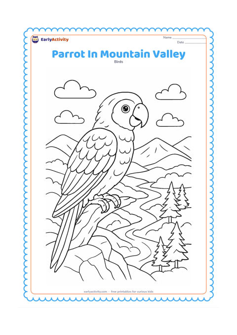 Colouring page: Draw a parrot perched on a rocky branch above a mountain valley, with layered hills, a winding stream, pine-like trees, and clouds in the distance. Keep the bird in the foreground with…