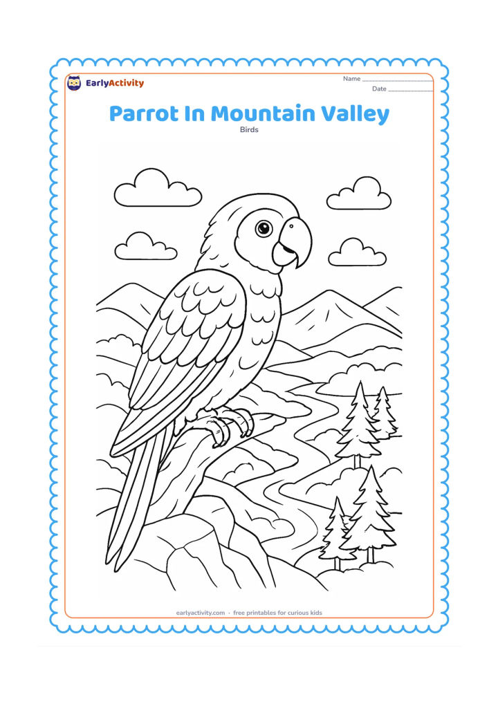 Colouring page: Draw a parrot perched on a rocky branch above a mountain valley, with layered hills, a winding stream, pine-like trees, and clouds in the distance. Keep the bird in the foreground with…