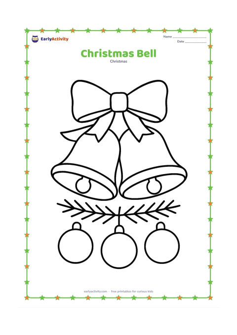 Colouring page: Two large festive bells hang from a wide ribbon above a small evergreen branch, with three round ornaments below. Keep the bells separate and easy to colour.