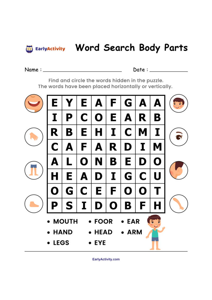 Word search worksheet with a letter grid containing body-part words such as mouth, foot, ear, hand, head, arm, legs and eye.