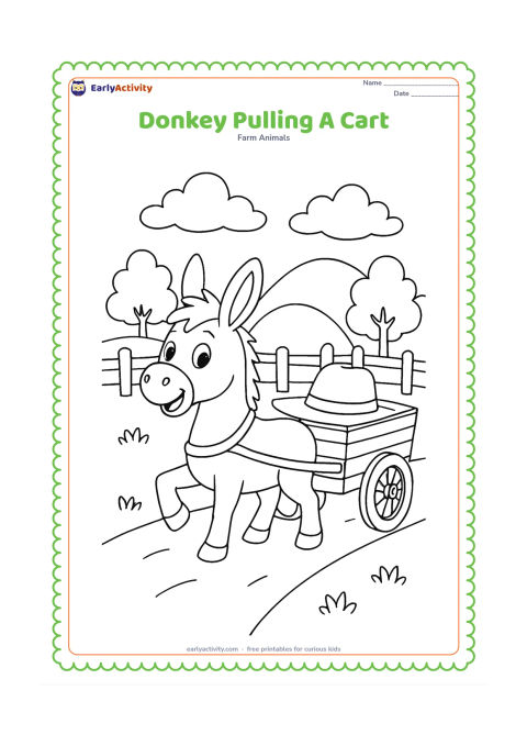 Colouring page: A cheerful donkey pulls a small wooden cart along a farm lane, with a farmer's broad hat resting inside the empty cart. Add a fence, trees and rounded hills in the distance.