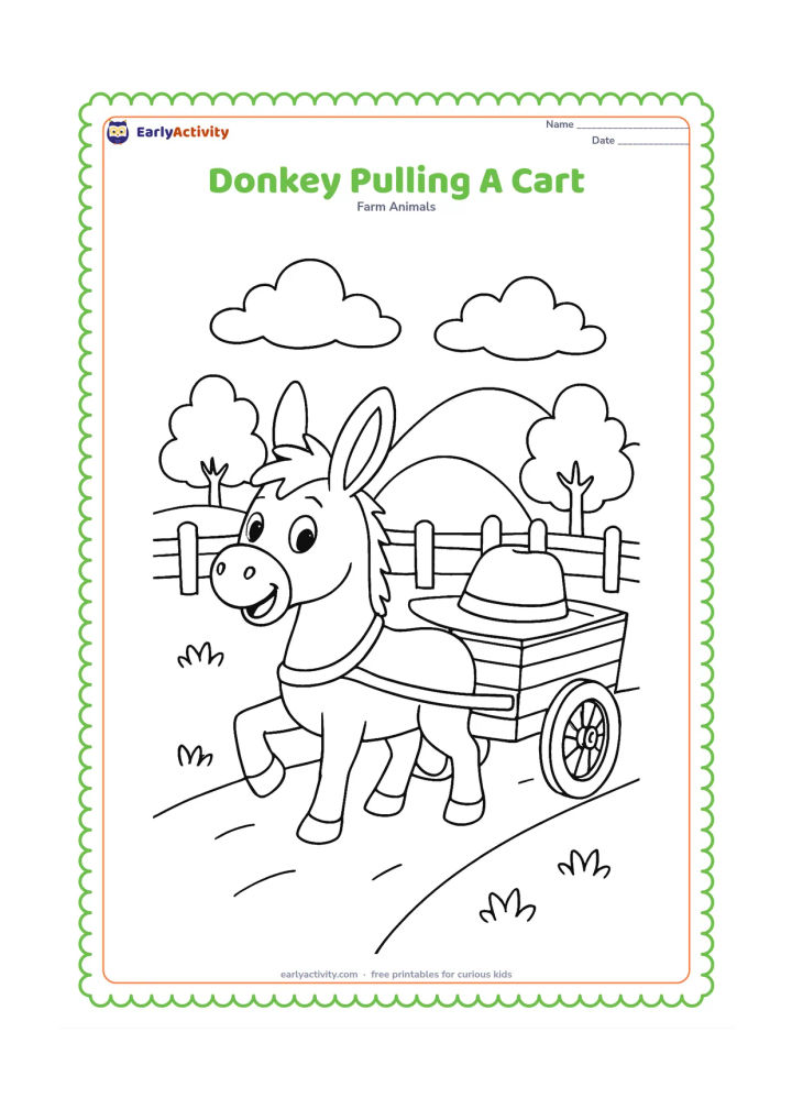 Colouring page: A cheerful donkey pulls a small wooden cart along a farm lane, with a farmer's broad hat resting inside the empty cart. Add a fence, trees and rounded hills in the distance.