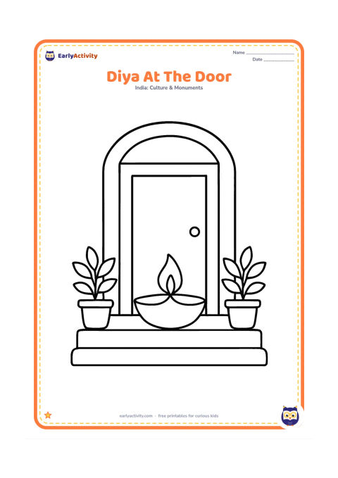 Colouring page: A single diya placed on a low doorstep beneath a simple Indian house doorway, with two potted plants on either side.