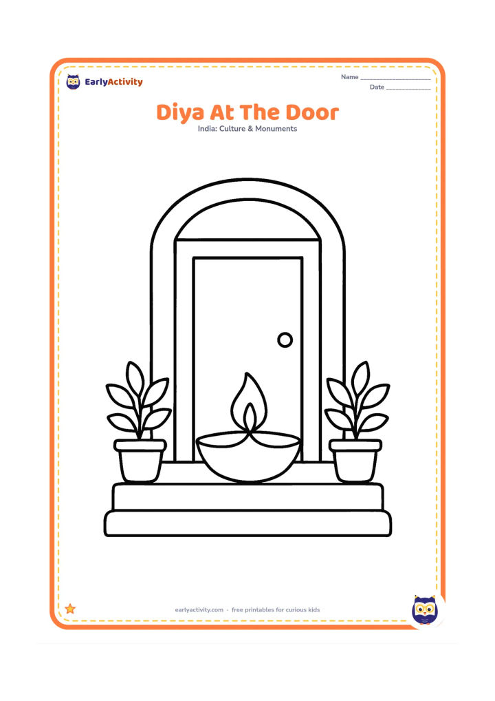 Colouring page: A single diya placed on a low doorstep beneath a simple Indian house doorway, with two potted plants on either side.