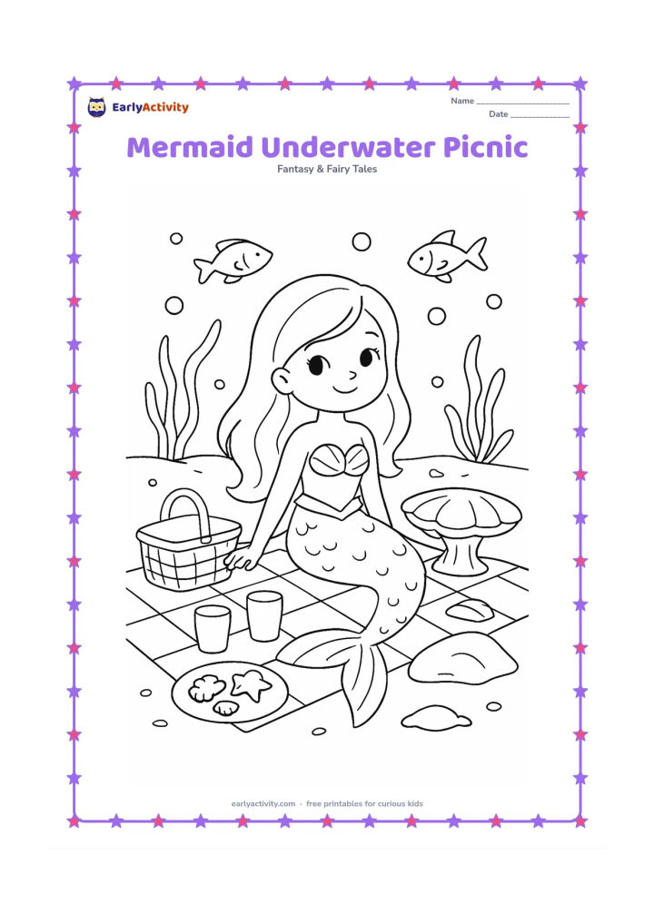 Colouring page: A mermaid sits on a picnic cloth on the ocean floor with a basket, cups and a plate of simple sea-shaped snacks. Add a shell table, fish, sea plants and bubbles around the picnic.