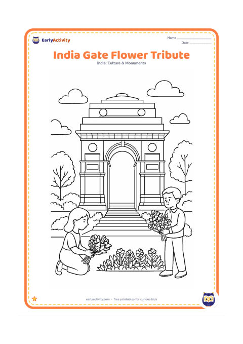 Colouring page: Draw visitors placing flower bouquets near the base of India Gate in a peaceful memorial scene. Include the arch, broad steps, neatly arranged plants, trees and a calm sky, with no…