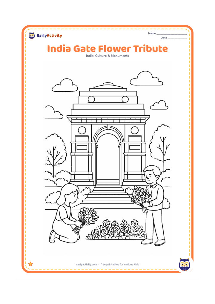 Colouring page: Draw visitors placing flower bouquets near the base of India Gate in a peaceful memorial scene. Include the arch, broad steps, neatly arranged plants, trees and a calm sky, with no…