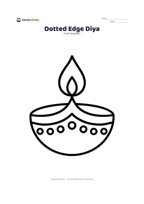 Worksheet: One broad diya with a thick outer outline and a row of large, evenly spaced dots following the top rim and lower curve.
