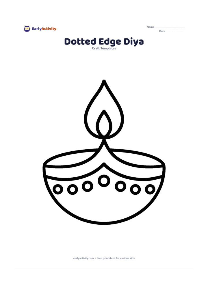 Worksheet: One broad diya with a thick outer outline and a row of large, evenly spaced dots following the top rim and lower curve.