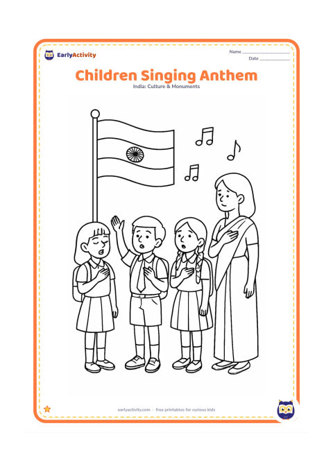 Colouring page: Draw a group of schoolchildren standing respectfully during a national anthem assembly, with one child leading and a teacher nearby. Place the Indian flag on a pole behind them and show…