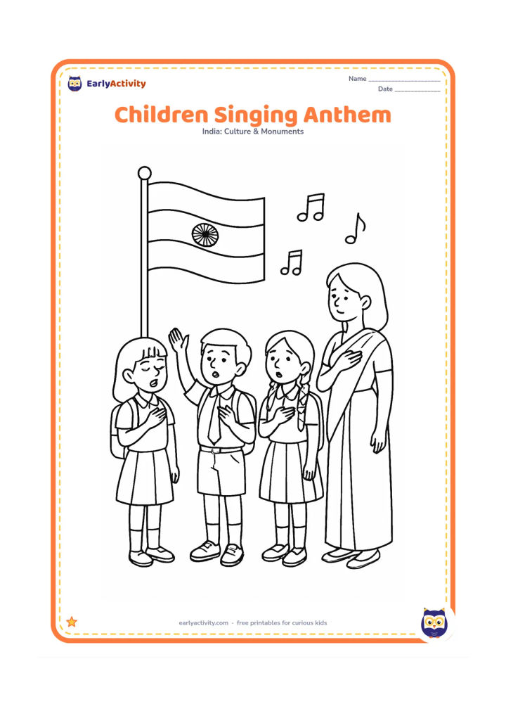 Colouring page: Draw a group of schoolchildren standing respectfully during a national anthem assembly, with one child leading and a teacher nearby. Place the Indian flag on a pole behind them and show…