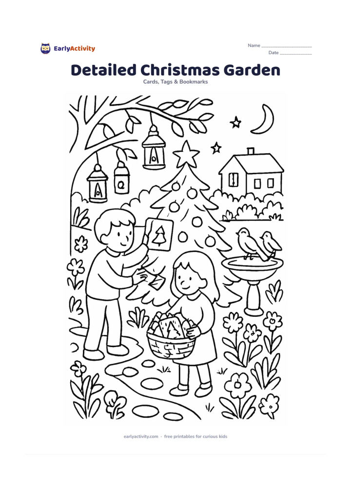 Worksheet: Draw a festive garden at twilight with a decorated tree, flowering plants, a birdbath, a family of birds, hanging lanterns and children placing handmade cards in a basket. Add winding…