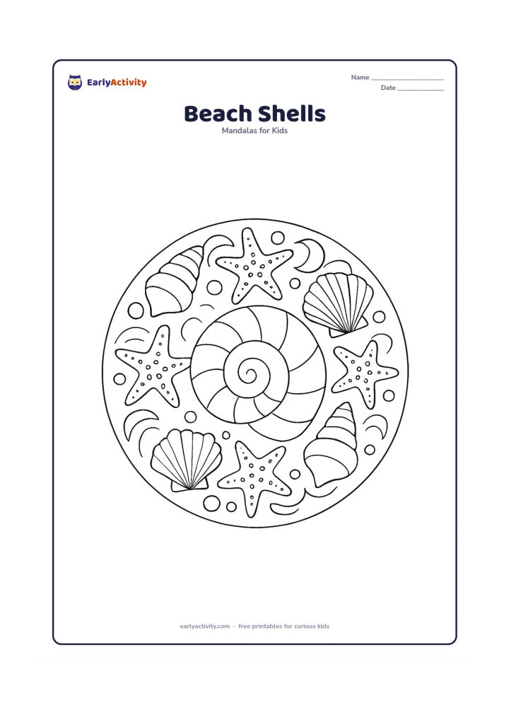 Colouring page: A circular mandala with a large spiral shell at the centre, surrounded by repeated seashells, starfish, wave curves and small bubbles. Arrange the sea shapes symmetrically around the…