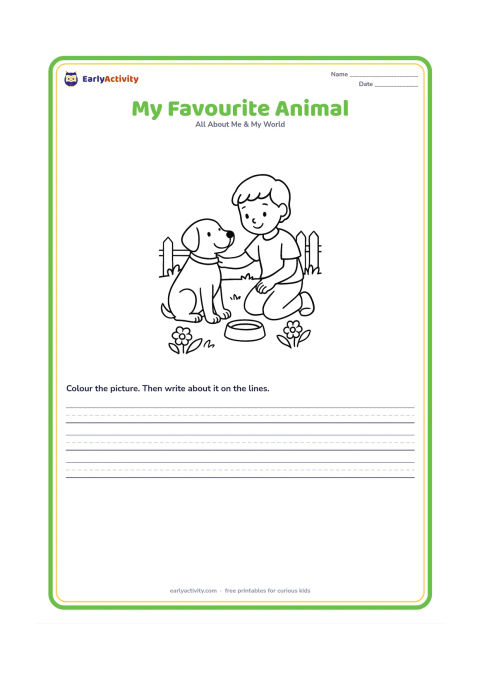 Worksheet: A child kneels beside a friendly dog and gently strokes its back in a garden. Add a bowl, flowers and a low fence while keeping the child and animal as the focus.