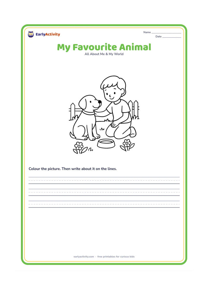 Worksheet: A child kneels beside a friendly dog and gently strokes its back in a garden. Add a bowl, flowers and a low fence while keeping the child and animal as the focus.
