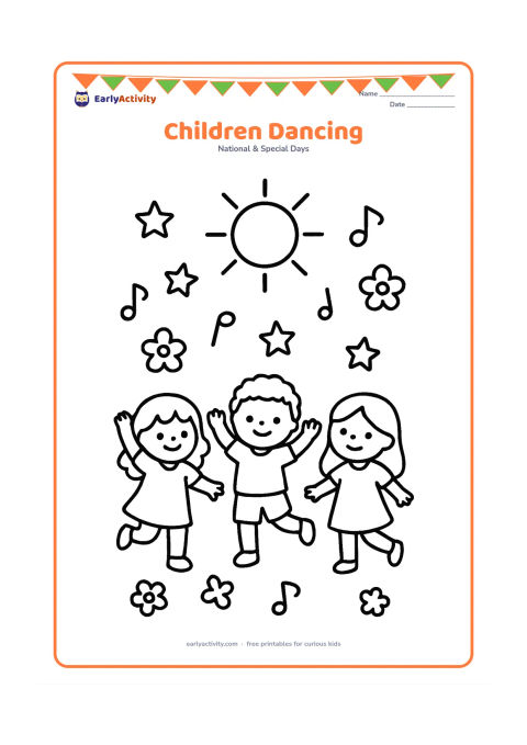Colouring page: Three children dance in a row beneath a simple sun, with large stars, flowers, and music-note-shaped decorative marks kept as non-letter symbols in the background. Show different arm and…