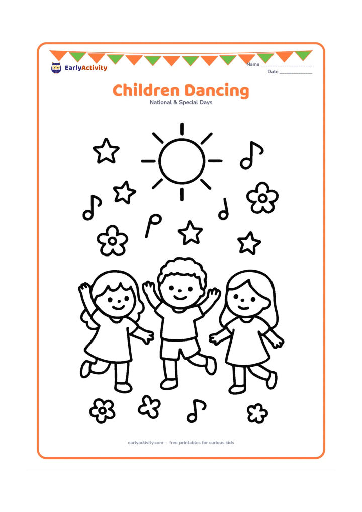 Colouring page: Three children dance in a row beneath a simple sun, with large stars, flowers, and music-note-shaped decorative marks kept as non-letter symbols in the background. Show different arm and…