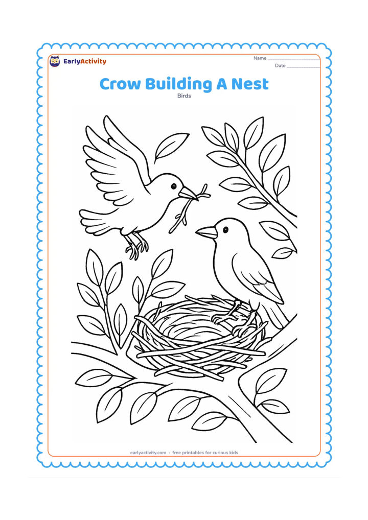 Colouring page: Two crows work around a high tree nest: one carries a twig while the other stands beside the nest, surrounded by branches and leaves.